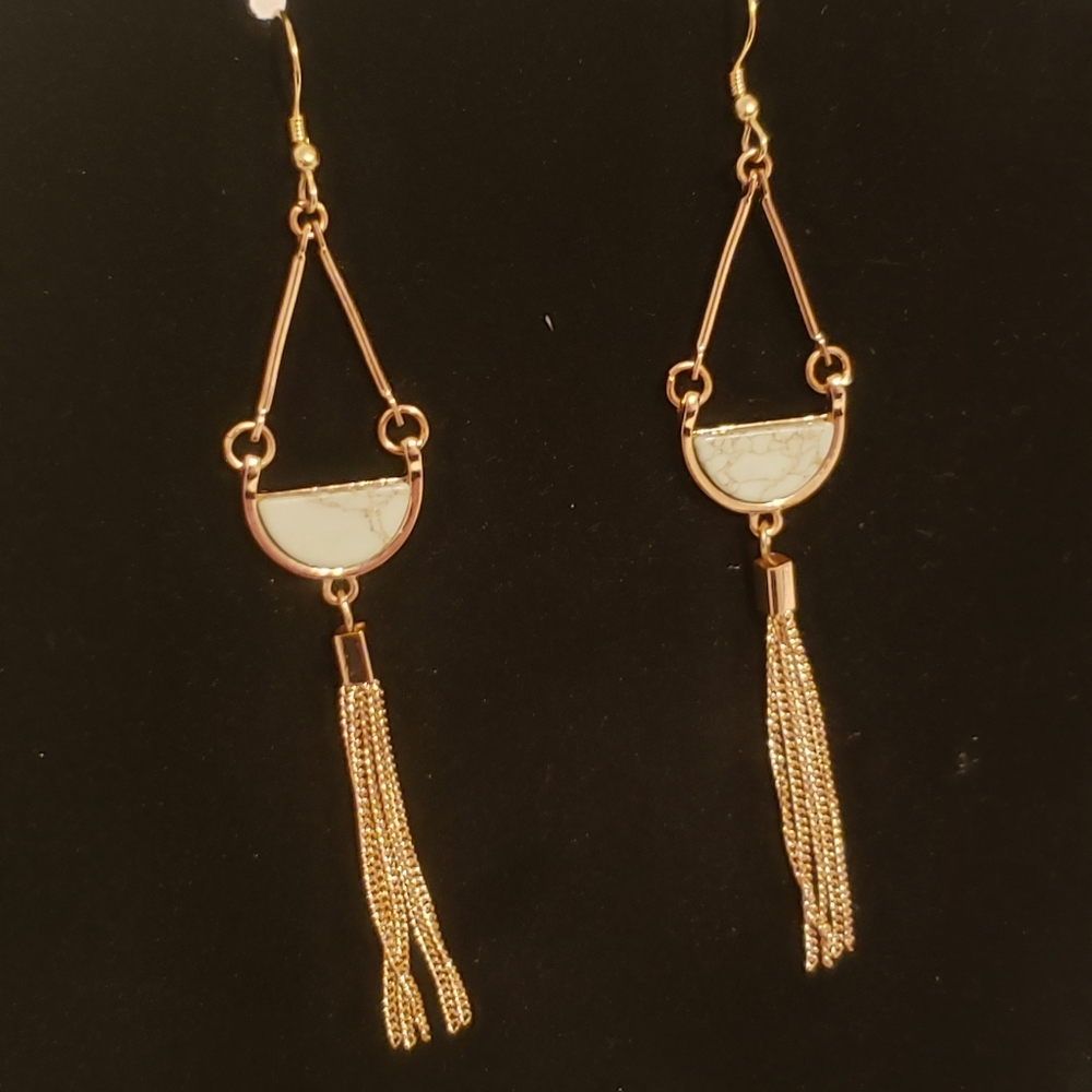 Gold Tassel Green Half Moon Stone Earrings